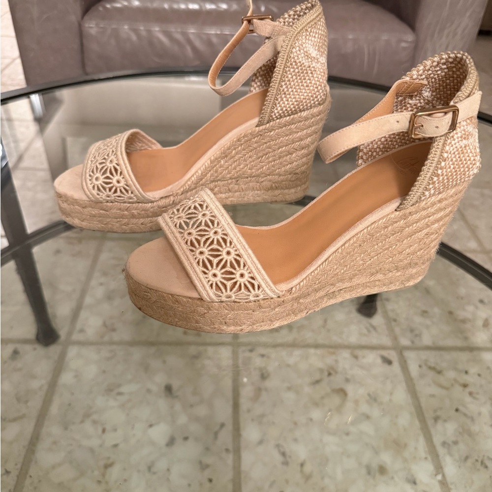 Castaner Natural Beige Espadrille Wedge Sandals with Ankle Strap